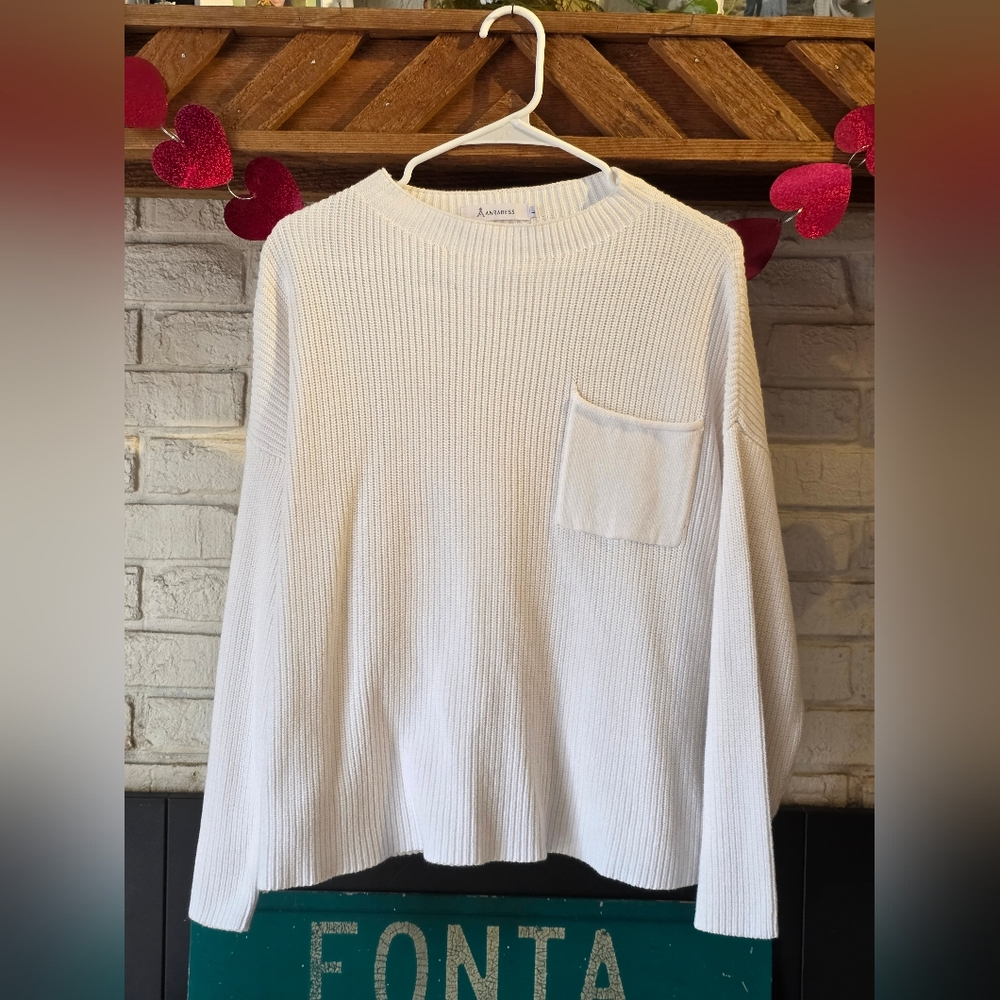 Anrabess Women's White Long Sleeve Rib Knit Sweater Size L EUC